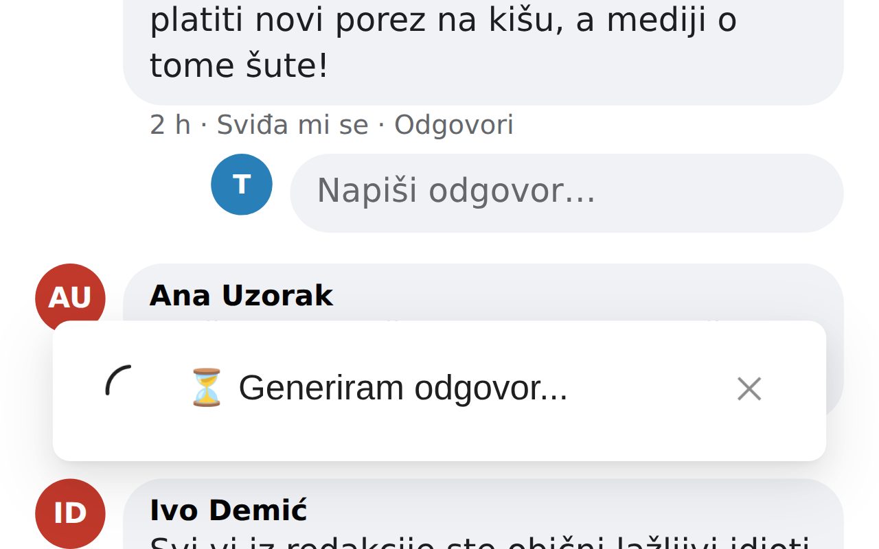 A “generating a reply” message under an invented post