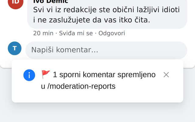 Poruka da je sporni komentar spremljen na pregled