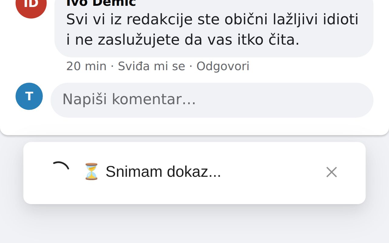 Poruka „Snimam dokaz“ na izmišljenoj objavi